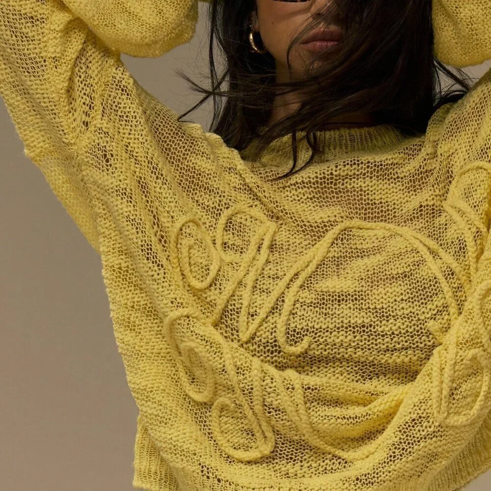 Yellow Casual Women's Crew Neck  Embroidery Knit Sweater Top